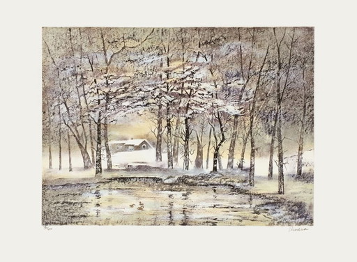 Antonio RIVERA Chaumière sous la neige Signed lithograph 1990