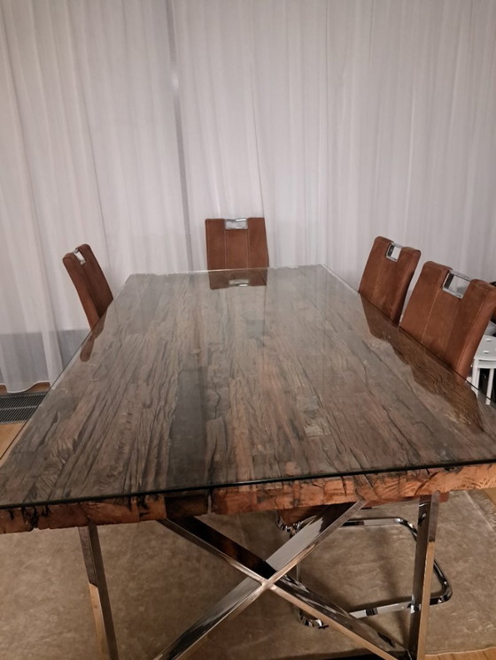 Image 1 of Luxury Richmond Dining Table – Reclaimed Oak Designer Chrome Table + 4 Chairs