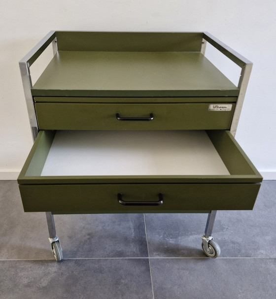 Chariot Vintage (Hôpital), Vert Olive, 2 Tiroirs – Ultrason, Dessertes, Chrome, Metal (photo 5 of 13)