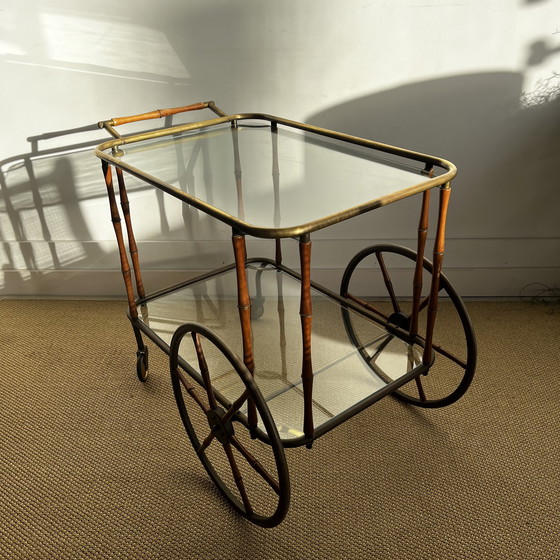 Image 1 of Faux Bamboo brass bar cart trolley serving trolley vintage