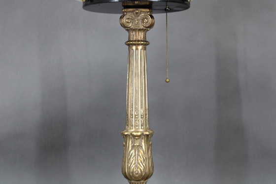 Image 1 of 1940s Restored Brass Table Lamp with Wooden Base and Glass Shade