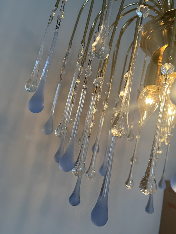 Image 1 of Vintage Blauwe Teardrop Kroonluchter Hanglamp Goud Frame