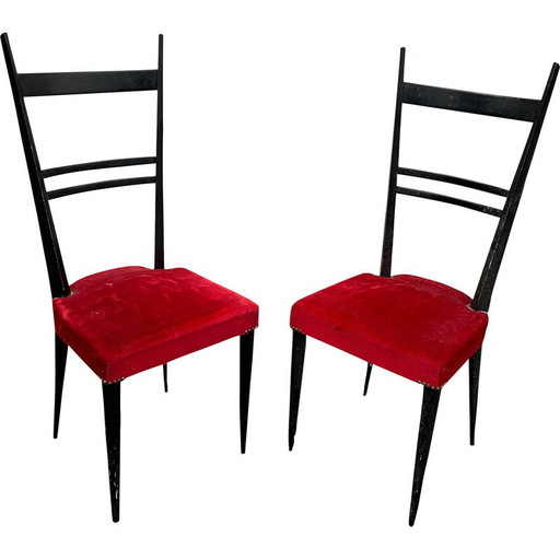 Pair of vintage chairs in lacquered wood and red velvet seats, Italy 1950