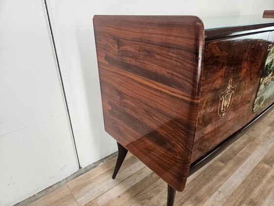 Image 1 of Mid-century mahogany sideboard from the 1950s with aqua green glass and a central bar compartment