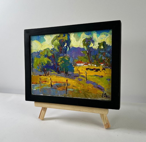 Original Oil Painting Evening Village Landscape When it gets dark