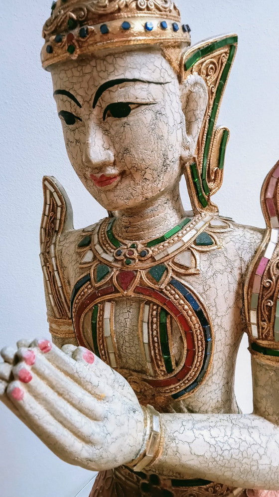 Image 1 of Beelden Set 2 knielende Tepannom tempel poortwachters aardetinten met goud handmatig gesneden 