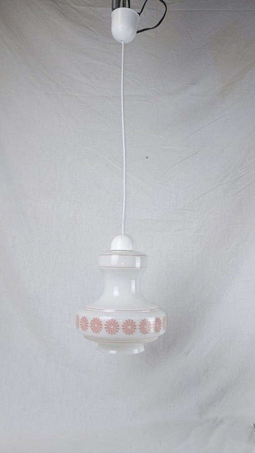 Mid Century Vintage Pendant Light Lunel White Cream Glass With Pink Flower