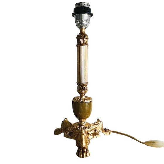 Image 1 of Base per lampada alta francese in stile barocco in marmo e ottone, anni '50