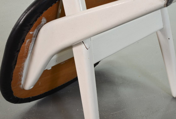 Image 1 of Louis van Teeffelen Dutch Design Pelican Arm Chair for Webe in Solid White Painted Teakwood and Black Leatherette. 