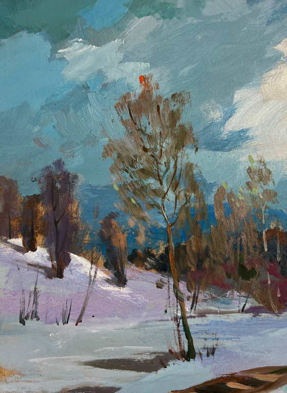 Image 1 of Original Oil Painting Winter House Landscape Path through snowdrifts