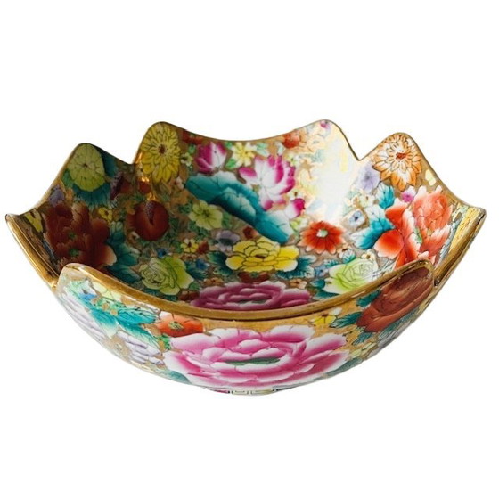 Image 1 of Ciotola cinese vintage dipinta a mano con fiori dorati, anni '60