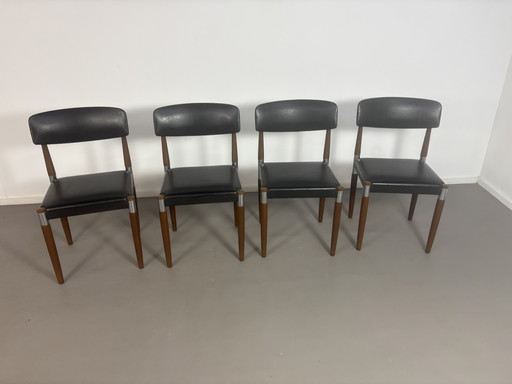 4 sillas de comedor vintage de palisandro, cromo y cuero skay negro Fristho jaren’ 60