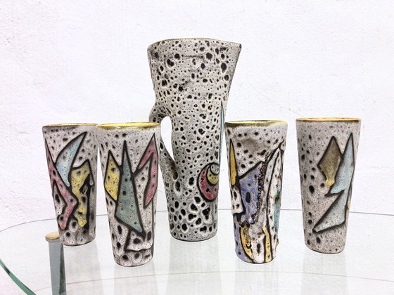 Image 1 of French studio ceramics from Vallauris 1 jug + 4 mugs by Marius Bessone