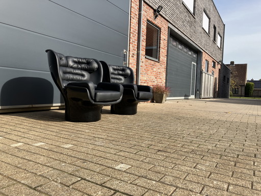 2x Joe Colombo Elda Stuhl, schwarzes Leder, schwarzes Fiberglas
