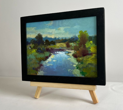 Original Oil Painting Summer River Landscape Sunset clouds over the river
