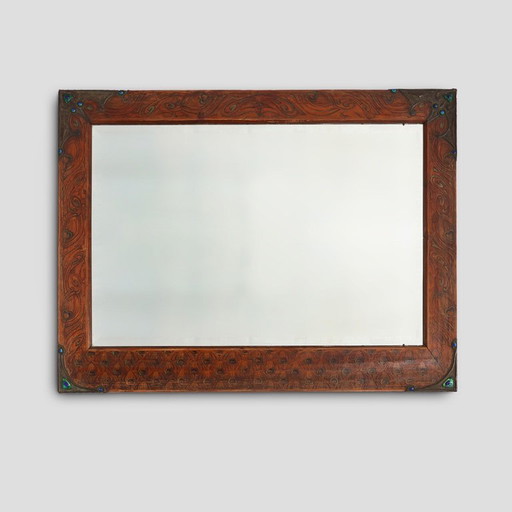 Art Nouveau mirror with hand painted peacock decoration, France ca. 1915
