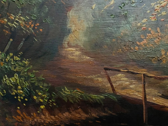Image 1 of Tableau unique signé, pont dans la forêt. Avec cadre en bois.