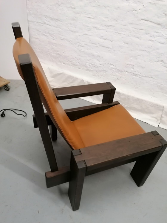 Image 1 of Brutalist style armchair, wood and leather, 70s