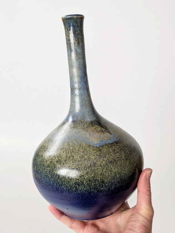 Image 1 of Vintage Seafoam Glaze Ceramic Vase, Balloon Form, Hare’s Fur Style, Midcentury Scandinavian Style