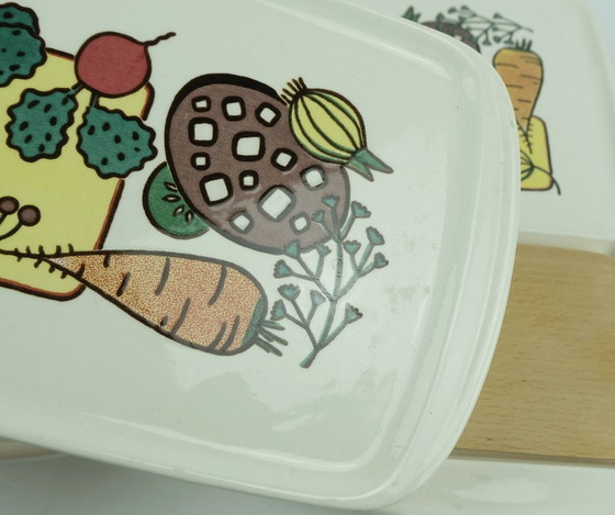 Image 1 of set of 4 waechtersbach SNACK PLATTERS vegetable plate ceramic with wooden insert 1950s 60s