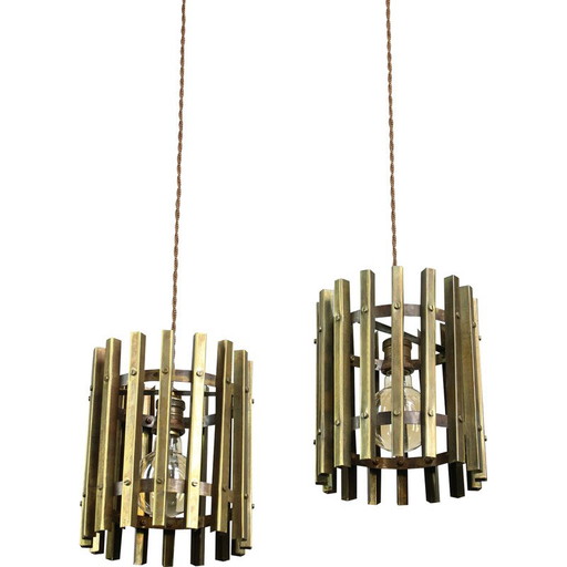 Lampe suspendue Cage en laiton, Italie 1970