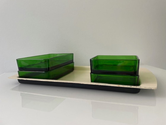Image 1 of Vintage serving bowl with bright green glass trays - 1960s retro design