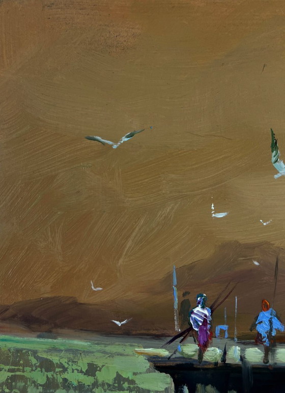 Image 1 of Original Oil Painting Evening Coastal Landscape Yachts in the sea under the gentle sun