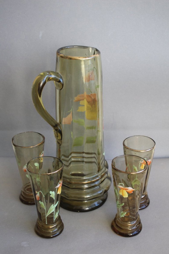 Image 1 of Antike hohe Bierkanne Krug grünes Glas Emailmalerei Blumen um 1900 mit 4 Gläsern