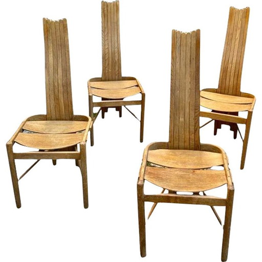 Set of 4 vintage curved solid oakwood chairs, 1970