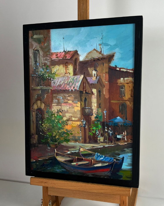 Image 1 of Peinture à l'huile originale représentant un paysage urbain et une architecture. Une promenade dans les rues de Venise.