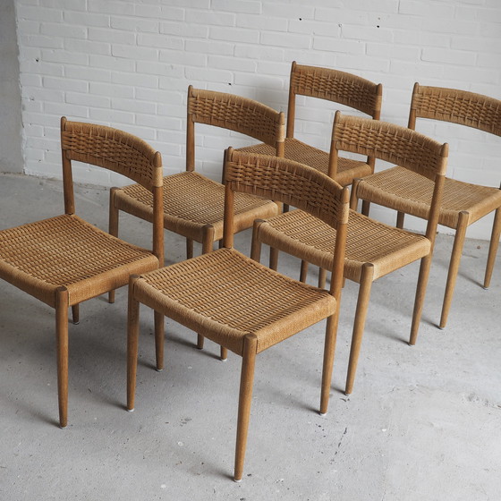 Image 1 of 6x chaises de salle à manger danoises en chêne et cordon de papier - années 1960