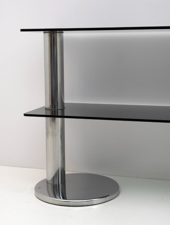 Image 1 of Mid-Century Modern Italienische Konsole aus verchromtem Stahl und Rauchglas, 1970er Jahre