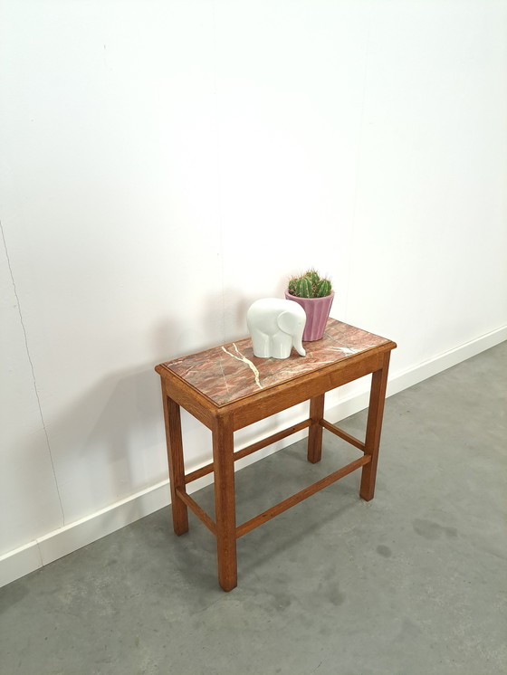 Image 1 of Oude Houten Tafel Met Marmeren Blad