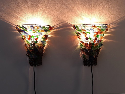 Ensemble de 2 appliques murales avec fleurs et perles en verre coloré, style vintage.