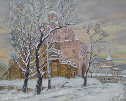 Pintura al óleo original Paisaje invernal Arquitectura Puerta Dorada