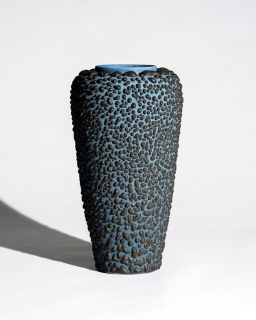 Large Albert Kiessling Textural Lava Relief Studio Ceramic Vase Blue and Black