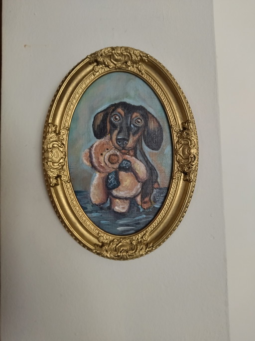 Painting: The Puppy with its Plush Toy. Cold Ceramic Frame – schilderijen tekeningen, Canvas (photo 2 of 5)