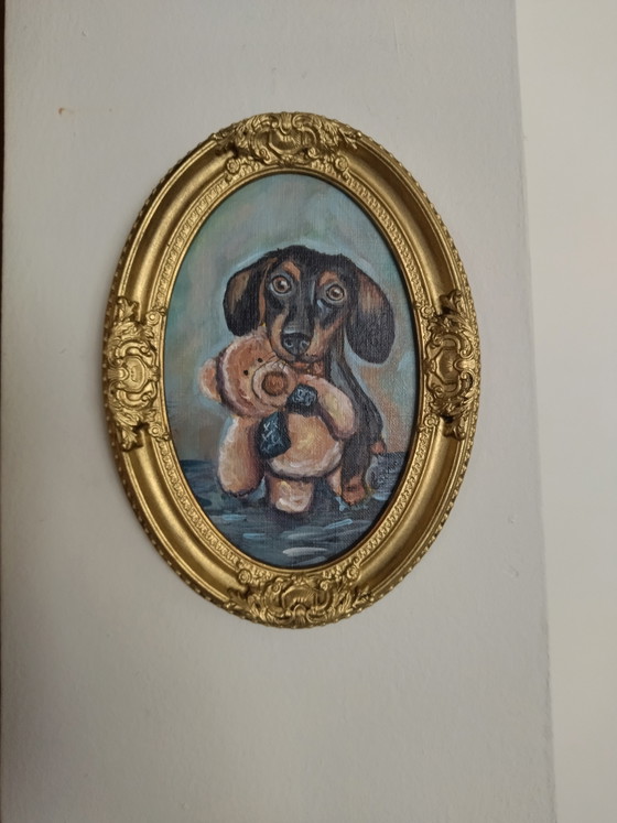 Painting: The Puppy with its Plush Toy. Cold Ceramic Frame – Paintings & Drawings, Canvas (photo 2 of 5)