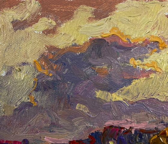 Image 1 of Original Oil Painting Evening Field Landscape Silence that envelops the world