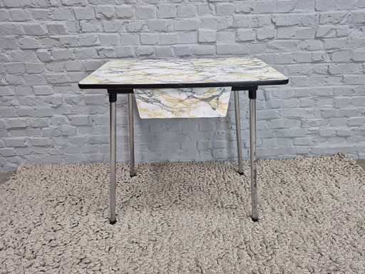 Vintage Design Kitchen Table with Marble-Effect Formica Top and Drawer – The Netherlands, 1950s