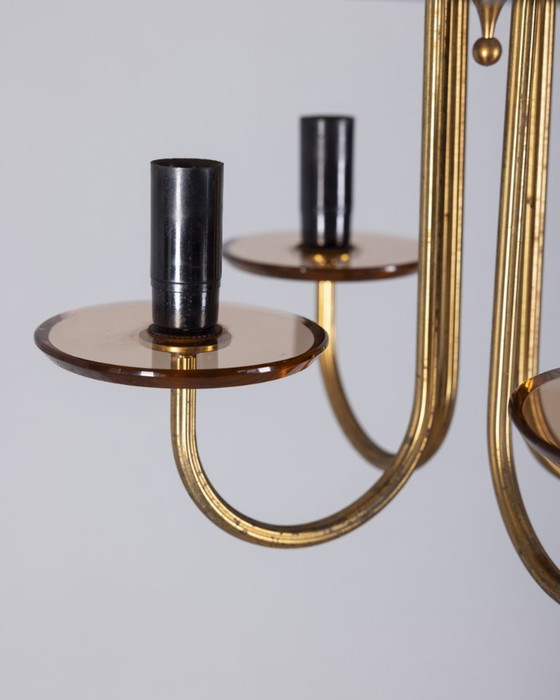 Image 1 of Lampadario vintage anni 50 in ottone e vetro rosa design Italiano