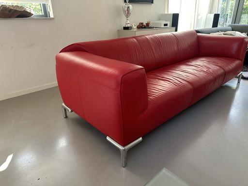 Bert Plantagie Monty 3.5-Seater Sofa, Deep Red Leather, With Hocker