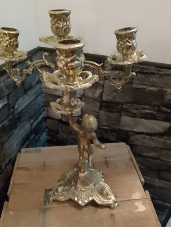 Image 1 of Baroque style candelabra in solid brass with cherub and putti design, 5 lights, Louis XV style