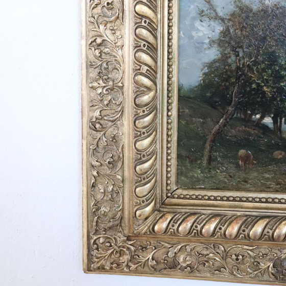 Image 1 of Olieverfschilderij op paneel, Landschap met begroeiing, gesigneerd V. Bussolino, Italië, 19e eeuw.