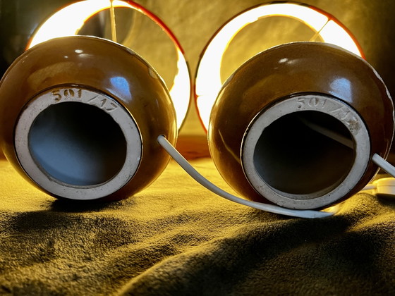 Unique Pair of Vintage 70s Table Lamps Scheurich 501/17 - Retro Pattern Shade - Perfect Condition – Ceramic (photo 7 of 10)