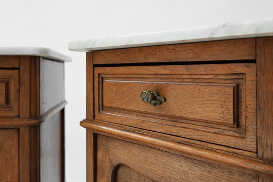 Image 1 of Pair of French Louis XV Style Nightstands in Oak with Carrara Marble Top