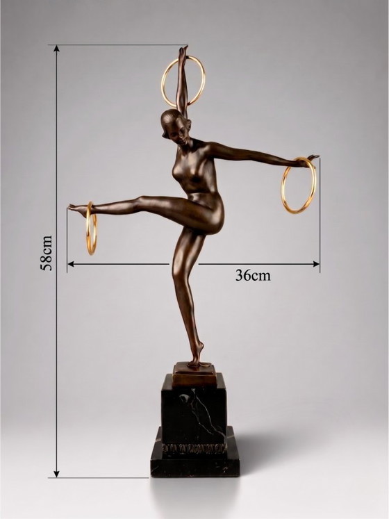 Image 1 of Art Deco sculpture of a dancer with rings in patinated bronze on a black marble-effect base – signed Duvernet – 58 cm