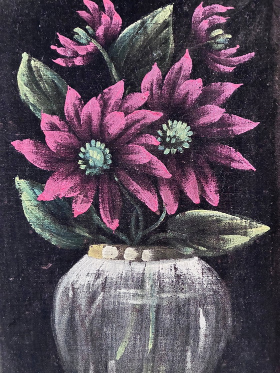 Image 1 of Vintage original velvet flower oil painting, red flower still life art