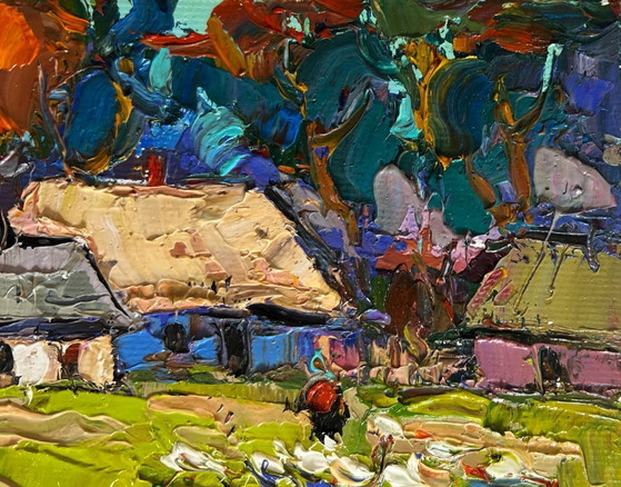 Image 1 of Original Oil Painting Summer Village Landscape Warm rural street