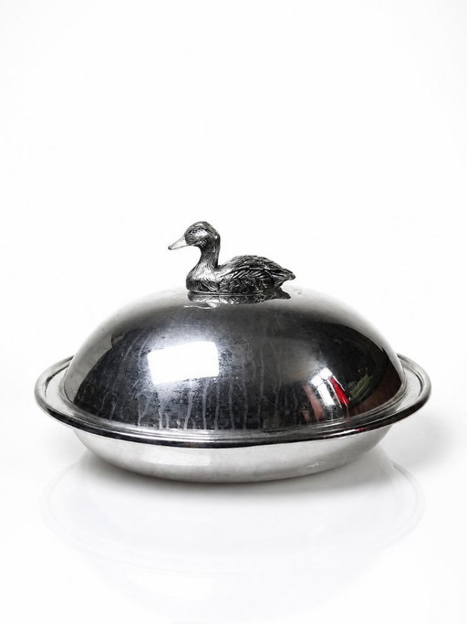 Vintage silver-plated metal foie gras bell with duck handle, 1960s-1980s